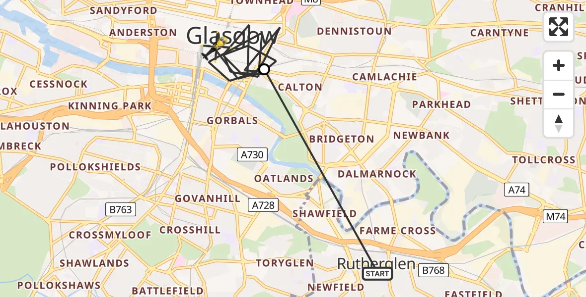 Flight route Police Helicopter Rutherglen - Glasgow, 16 May 2026, 19:13
