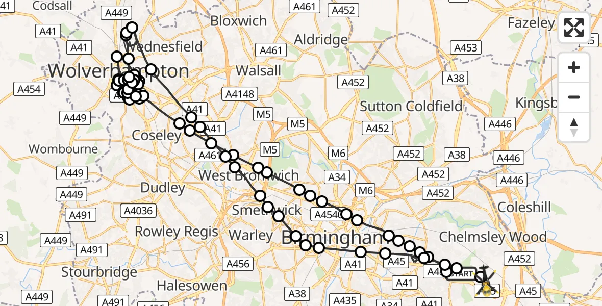 Flight route Police Helicopter Sheldon - Birmingham Airport, 16 May 2026, 19:19