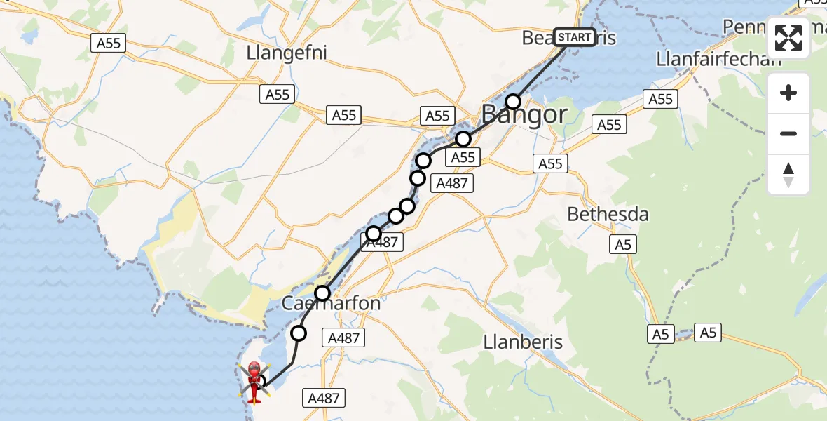 Flight route Air Ambulance Helicopter Beaumaris - Caernarfon Airport, 16 May 2026, 19:25