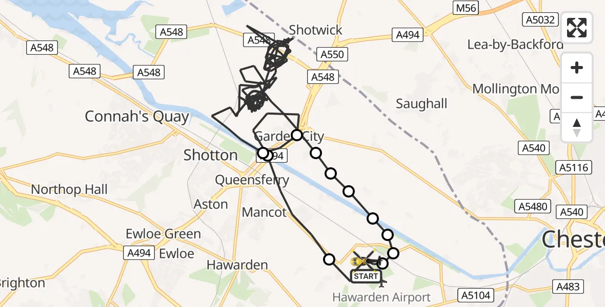 Flight route Police Helicopter Hawarden Airport - Hawarden Airport, 16 May 2026, 19:26