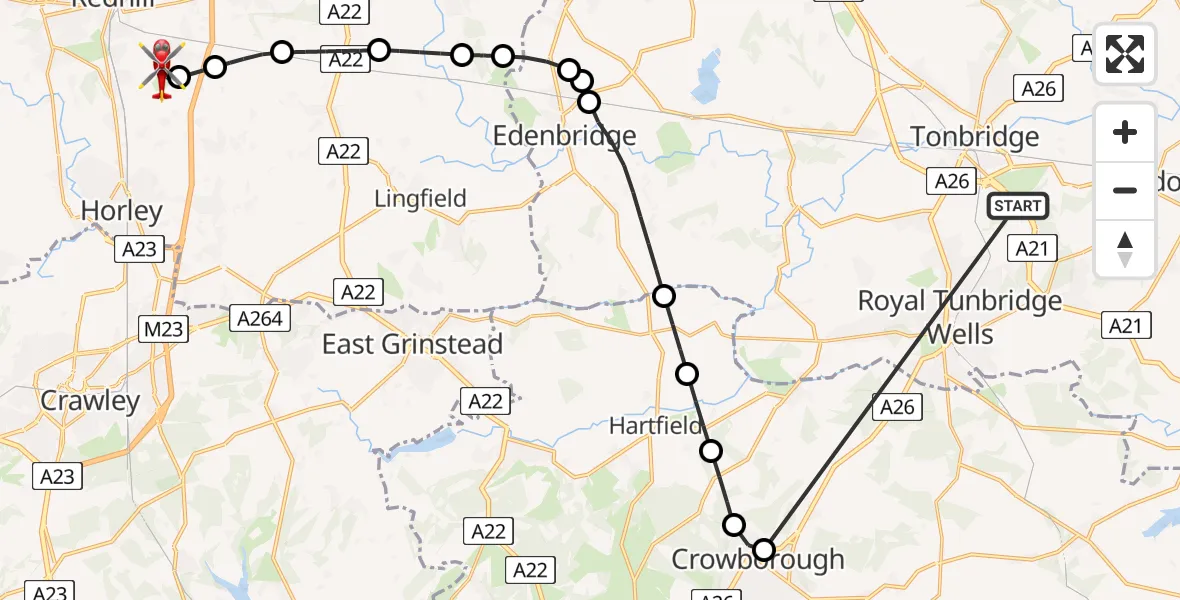 Flight route Air Ambulance Helicopter Capel - Redhill Aerodrome, 16 May 2026, 19:26