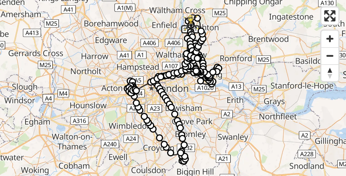 Flight route Police Helicopter Sewardstonebury - Metropolitan Police Air Support Unit Lippitts Hill, 16 May 2026, 19:32