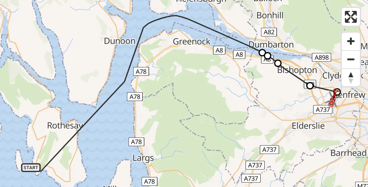Flight route Air Ambulance Helicopter Inner Seas - Glasgow Airport, 16 May 2026, 19:42