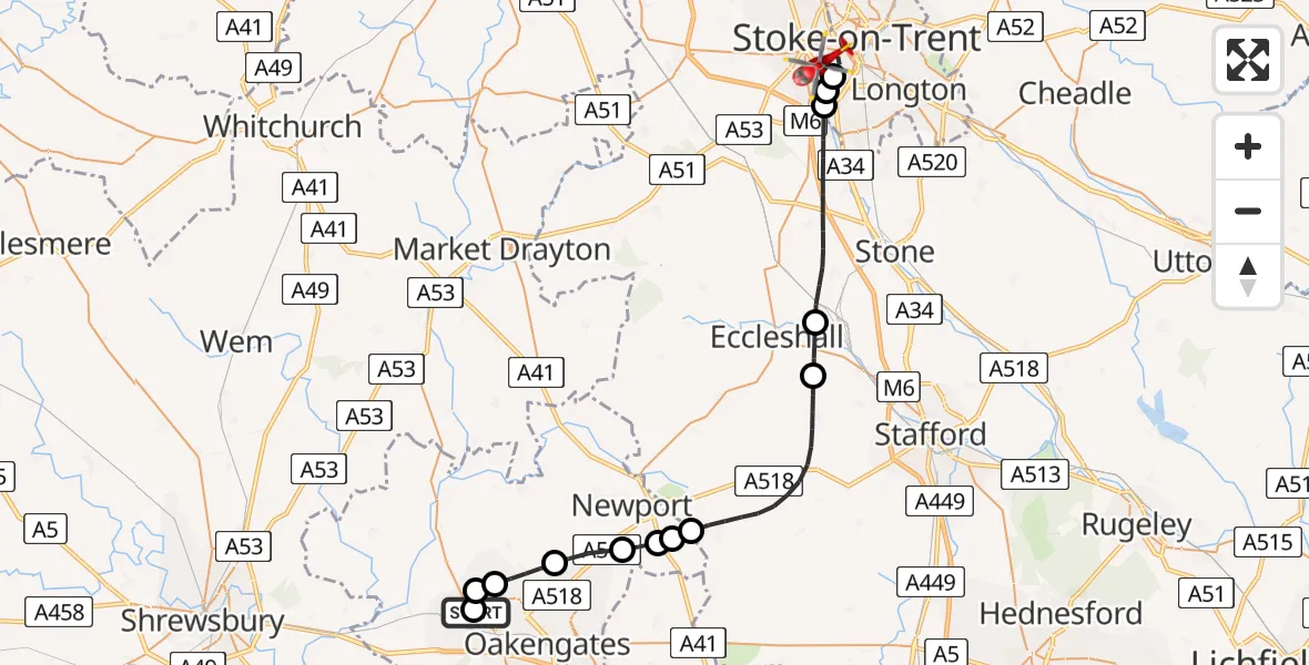 Flight route Air Ambulance Helicopter Princess Royal Telford Hospital - University Hospital North Staffs, 16 May 2026, 19:42
