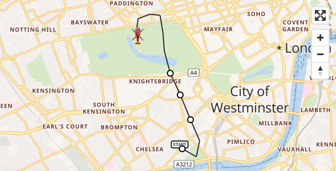 Flight route Air Ambulance Helicopter Chelsea - City of Westminster, 16 May 2026, 19:44