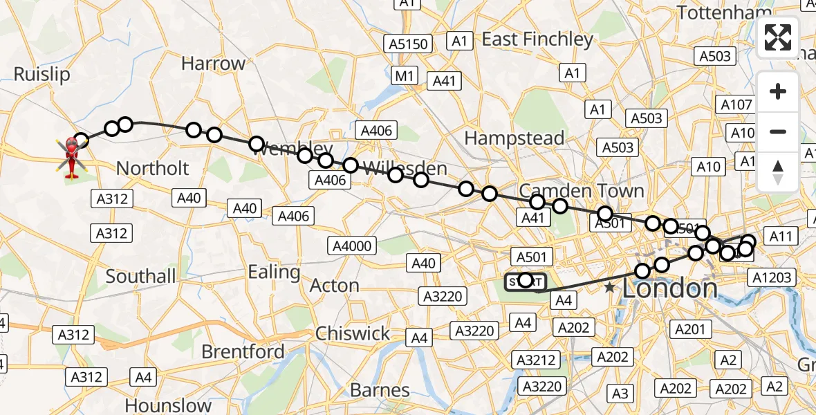 Flight route Air Ambulance Helicopter City of Westminster - RAF Northolt, 16 May 2026, 19:51
