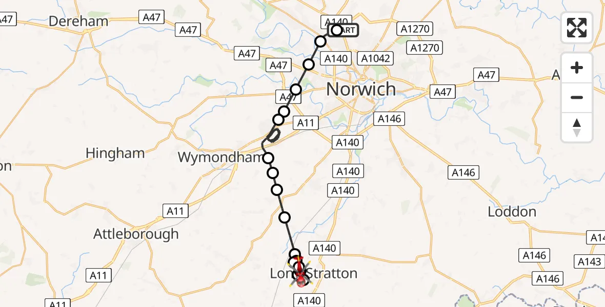 Flight route Air Ambulance Helicopter Norwich Airport - Long Stratton Airstrip, 16 May 2026, 20:18