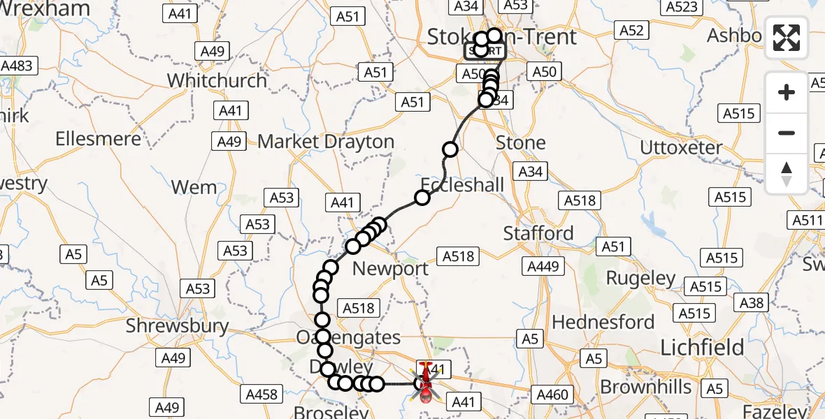 Flight route Air Ambulance Helicopter University Hospital North Staffs - Tong, 16 May 2026, 20:23