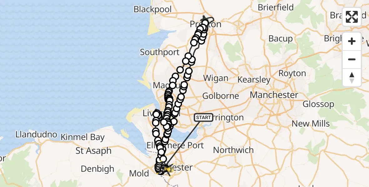 Flight route Police Helicopter Widnes - Hawarden Airport, 16 May 2026, 20:37