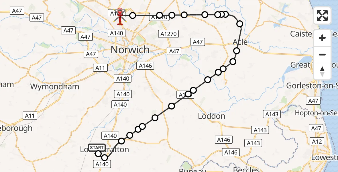 Flight route Air Ambulance Helicopter Long Stratton Airstrip - Norwich Airport, 16 May 2026, 20:51