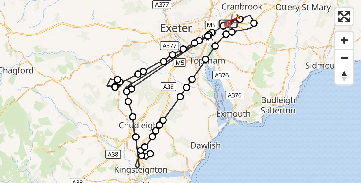 Flight route Air Ambulance Helicopter Exeter International Airport - Exeter International Airport, 16 May 2026, 21:32