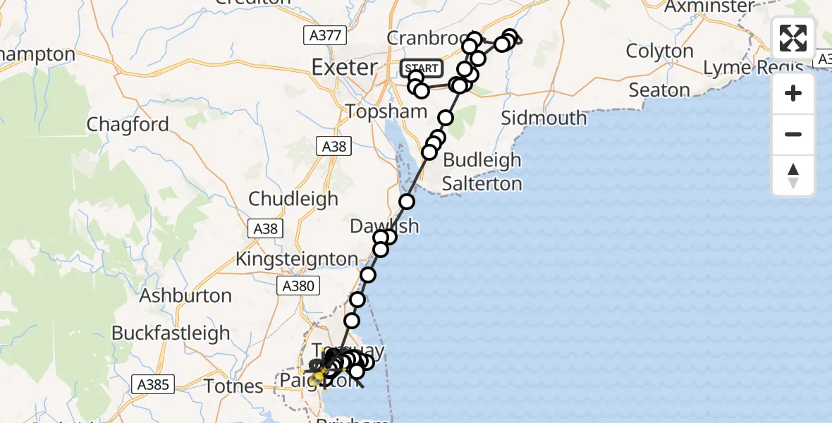 Flight route Police Helicopter East Devon - Paignton, 16 May 2026, 21:35