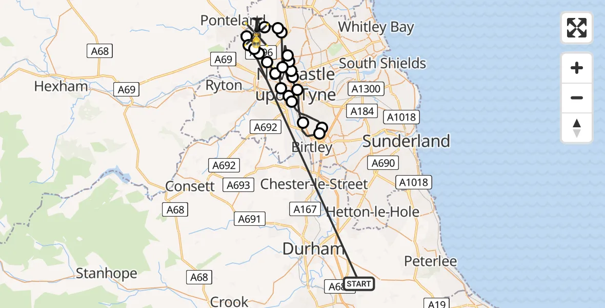 Flight route Police Helicopter Quarrington Hill - Newcastle International Airport, 16 May 2026, 21:41