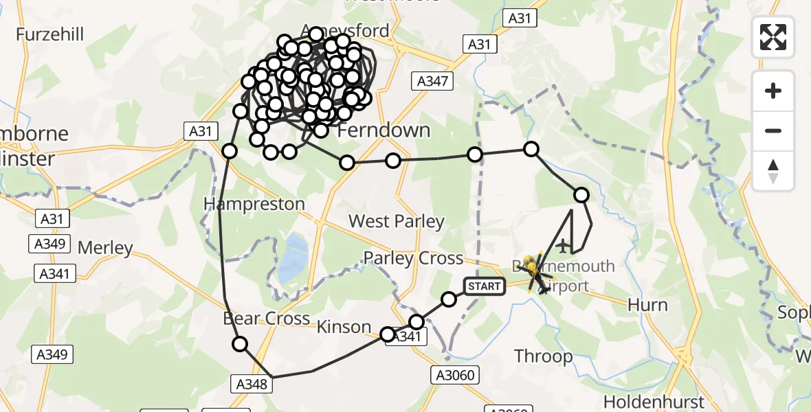 Flight route Police Helicopter Hurn - Bournemouth Airport, 16 May 2026, 22:01