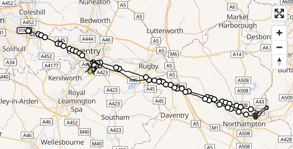 Flight route Police Helicopter Birmingham Airport - Coventry Airport, 16 May 2026, 22:07