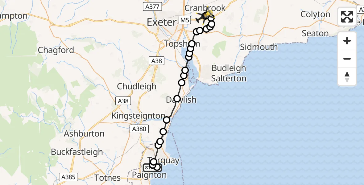 Flight route Police Helicopter Paignton - Exeter International Airport, 16 May 2026, 22:52