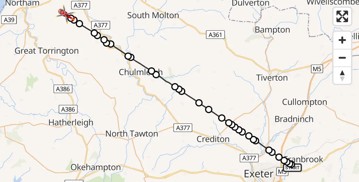 Flight route Air Ambulance Helicopter Exeter International Airport - Newton Tracey, 16 May 2026, 22:59