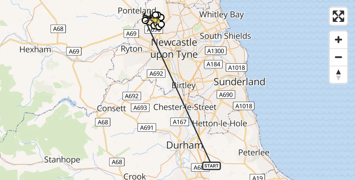 Flight route Police Helicopter Quarrington Hill - Newcastle International Airport, 16 May 2026, 23:05