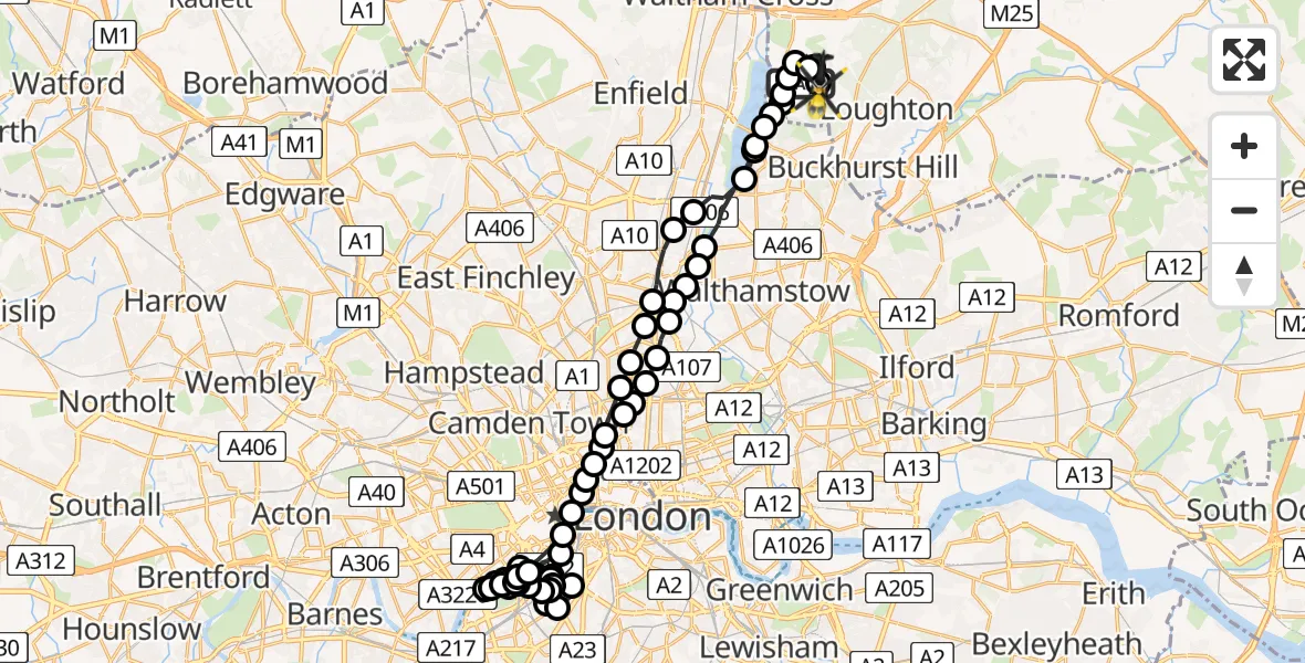 Flight route Police Helicopter Sewardstonebury - Metropolitan Police Air Support Unit Lippitts Hill, 16 May 2026, 23:17