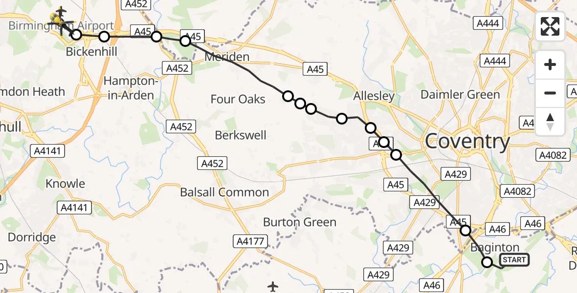 Flight route Police Helicopter Coventry Airport - Birmingham Airport, 16 May 2026, 23:41