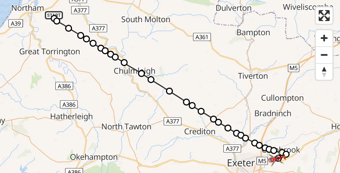 Flight route Air Ambulance Helicopter Newton Tracey - Exeter International Airport, 16 May 2026, 23:42