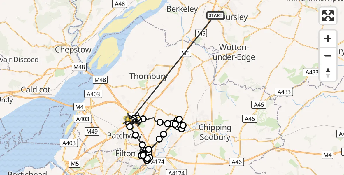 Flight route Police Helicopter Dursley - Almondsbury Helicopter Base, 17 May 2026, 00:39