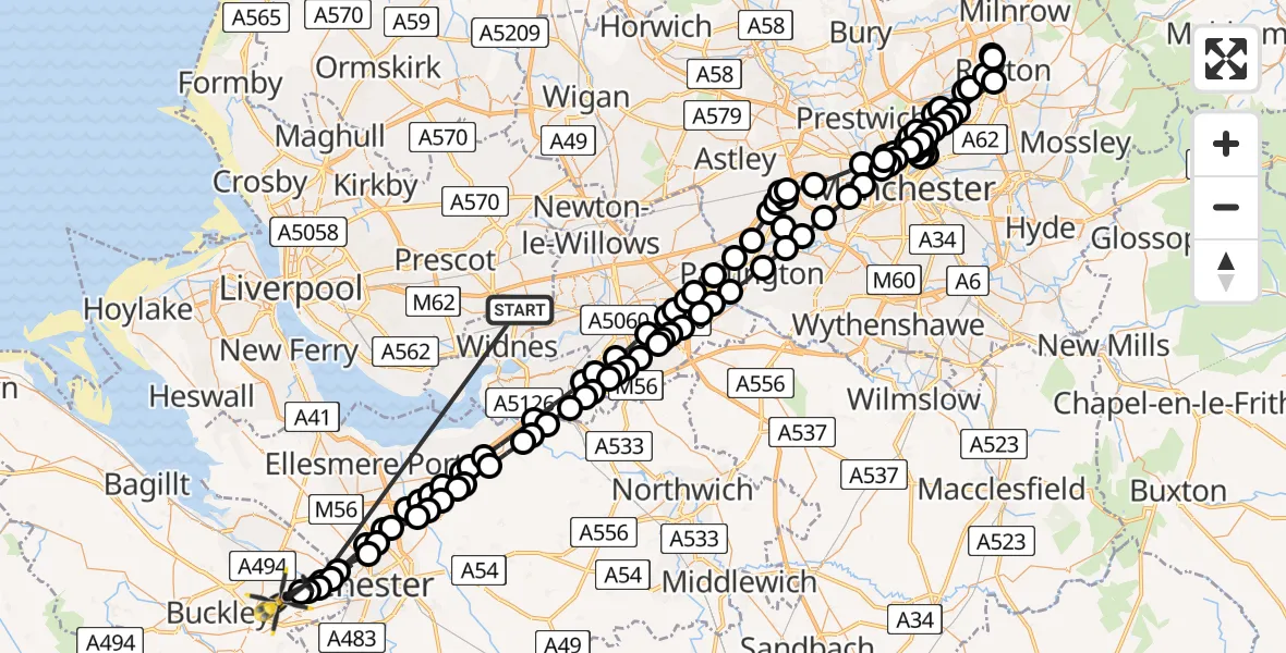 Flight route Police Helicopter Widnes - Hawarden, 17 May 2026, 01:00