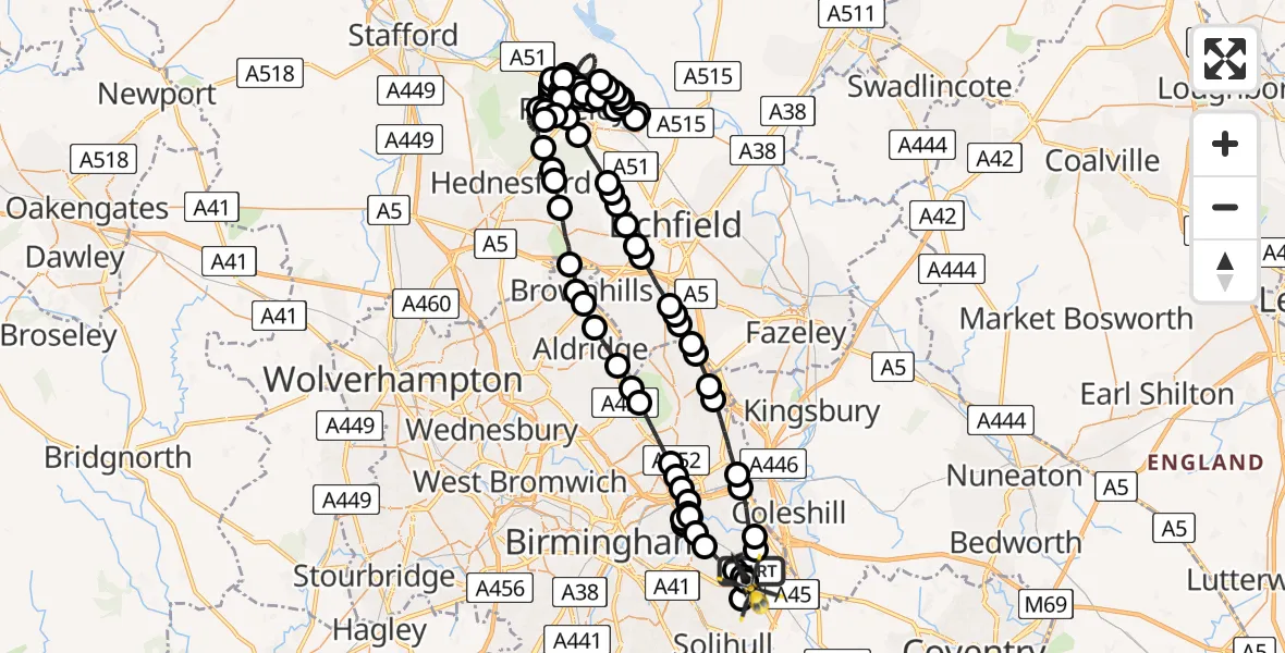 Flight route Police Helicopter Birmingham Airport - Birmingham Airport, 17 May 2026, 01:10