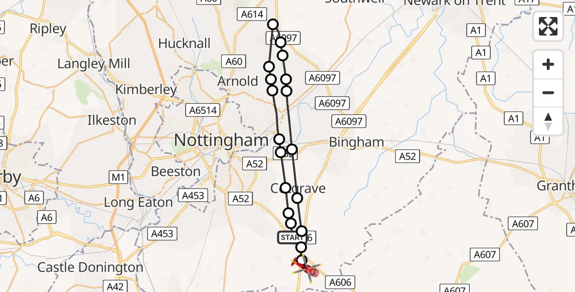 Flight route Air Ambulance Helicopter Stanton on the Wolds - Nottingham Heliport, 17 May 2026, 06:28