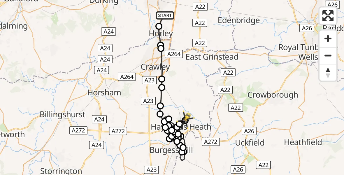 Flight route Police Helicopter Salfords - Lindfield, 17 May 2026, 06:45