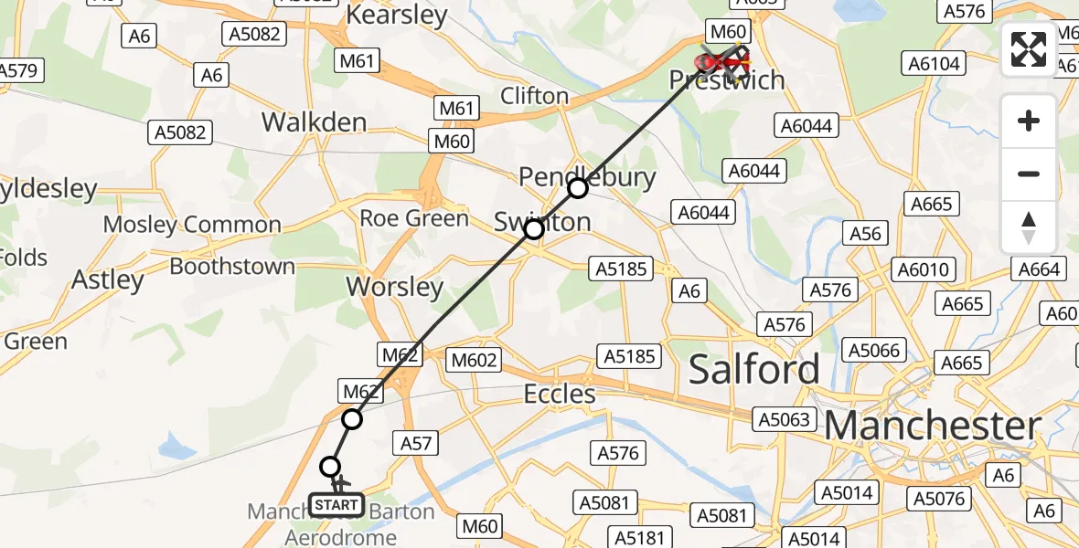 Flight route Air Ambulance Helicopter Manchester Barton Aerodrome - Prestwich, 17 May 2026, 07:10