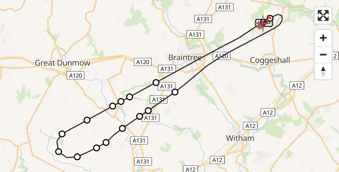 Flight route Air Ambulance Helicopter Earls Colne Airfield - Earls Colne Airfield, 17 May 2026, 07:16