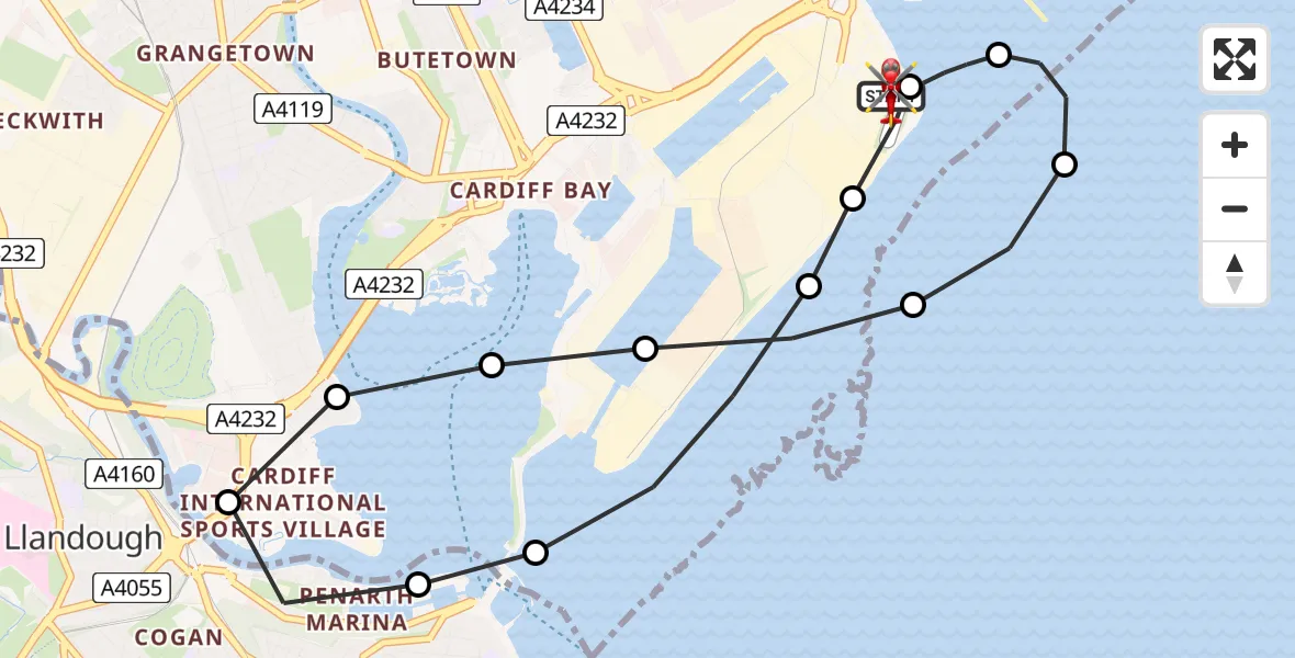 Flight route Air Ambulance Helicopter Cardiff Heliport - Cardiff Heliport, 17 May 2026, 07:21