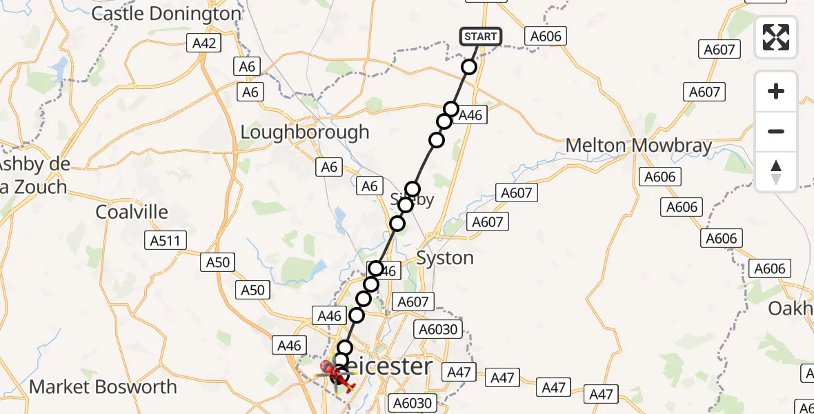 Flight route Air Ambulance Helicopter Willoughby on the Wolds - Braunstone, 17 May 2026, 07:22