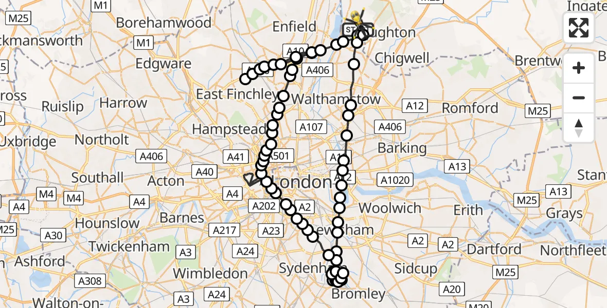 Flight route Police Helicopter Metropolitan Police Air Support Unit Lippitts Hill - Metropolitan Police Air Support Unit Lippitts Hill, 17 May 2026, 07:31