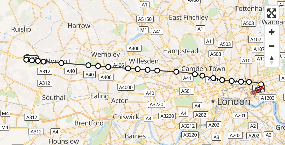 Flight route Air Ambulance Helicopter RAF Northolt - Royal London Hospital, 17 May 2026, 07:33