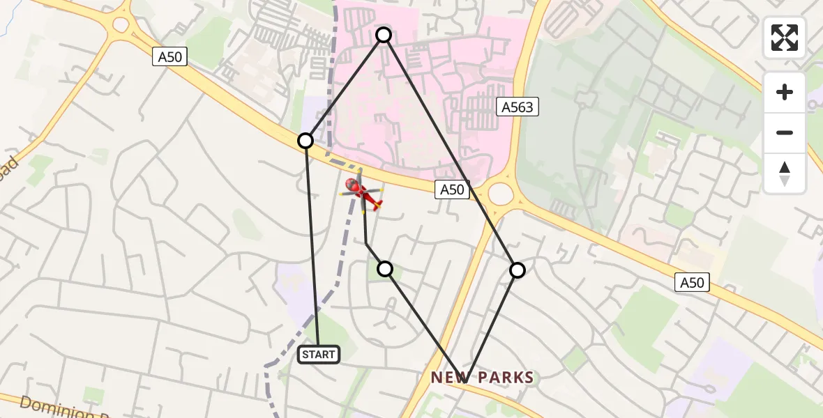 Flight route Air Ambulance Helicopter New Parks - Bradgate Heights, 17 May 2026, 08:13