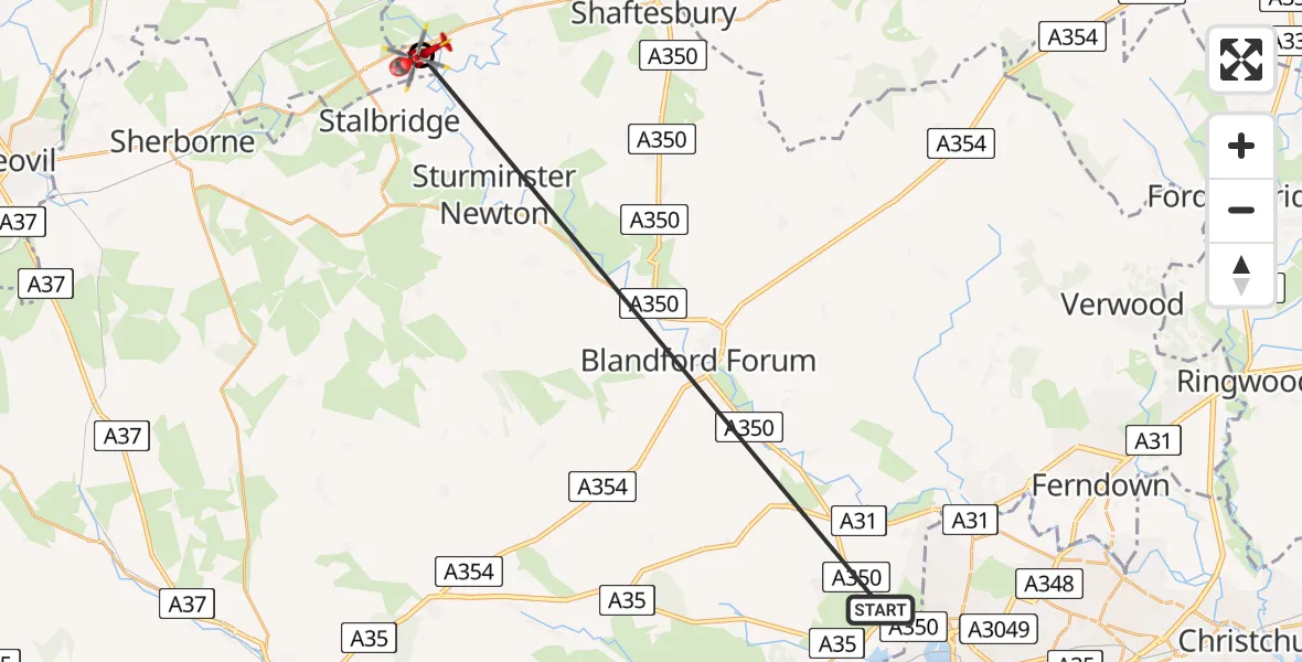 Flight route Air Ambulance Helicopter Upton - Henstridge Airfield, 17 May 2026, 08:15