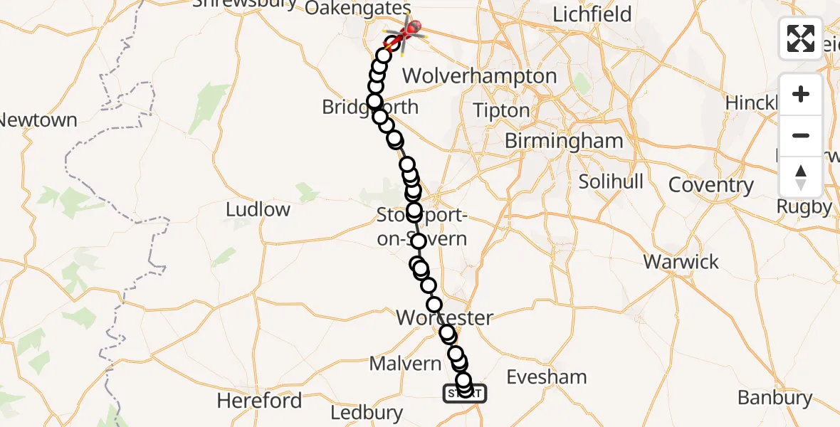 Flight route Air Ambulance Helicopter Hill Croome - Shifnal, 17 May 2026, 08:25