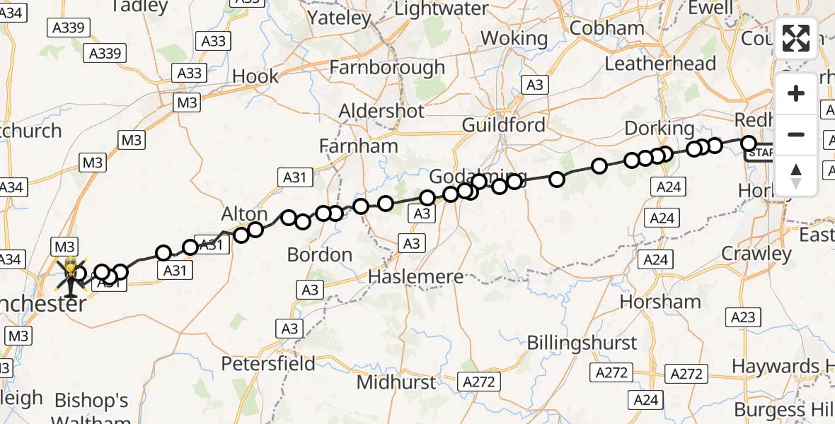 Flight route Police Helicopter Salfords - Itchen Abbas, 17 May 2026, 08:35