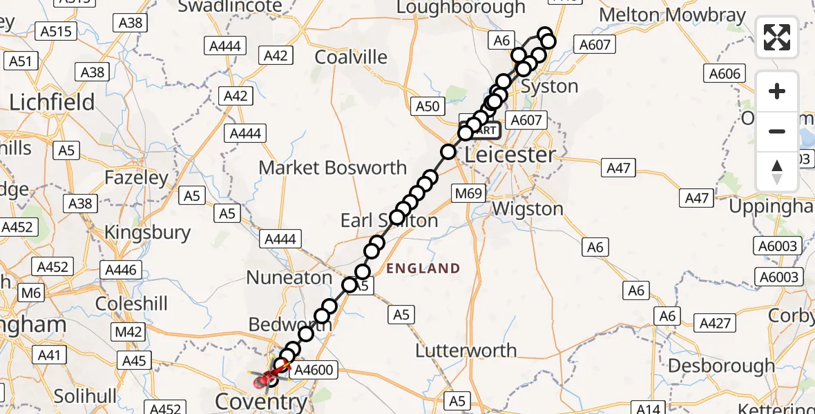 Flight route Air Ambulance Helicopter Bradgate Heights - Daimler Green, 17 May 2026, 08:43