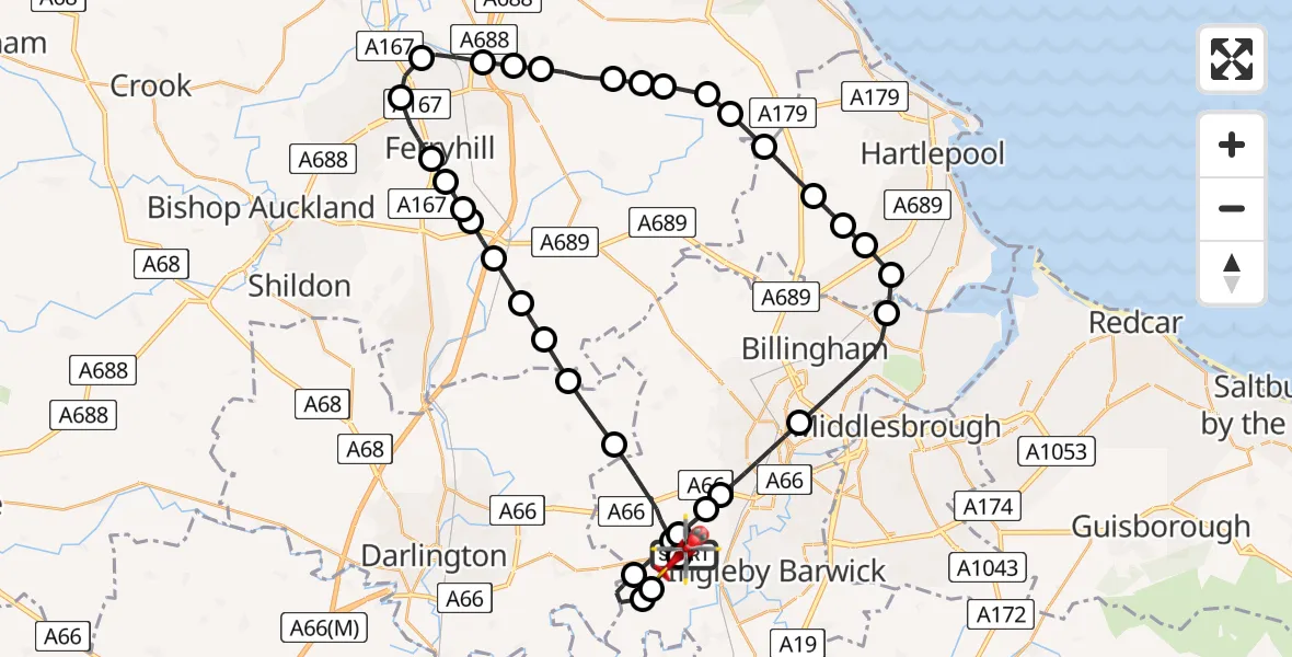 Flight route Air Ambulance Helicopter Egglescliffe - Egglescliffe, 17 May 2026, 08:55