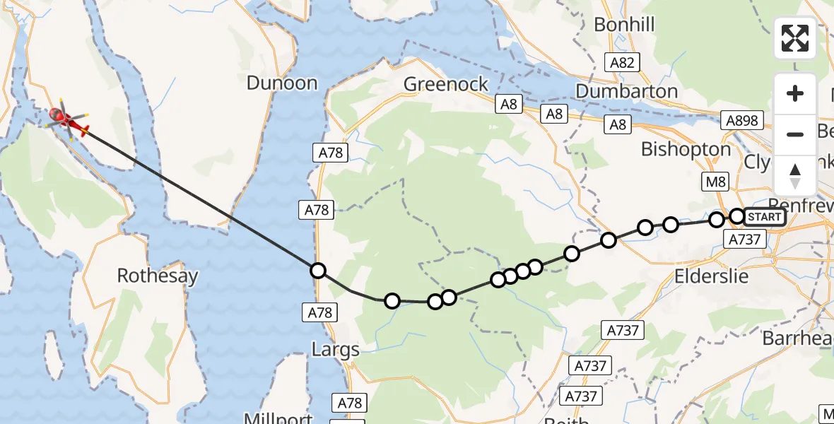 Flight route Air Ambulance Helicopter Glasgow Airport - Inner Seas, 17 May 2026, 08:58