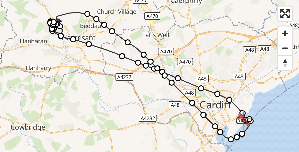 Flight route Air Ambulance Helicopter Cardiff Heliport - Cardiff Heliport, 17 May 2026, 09:09