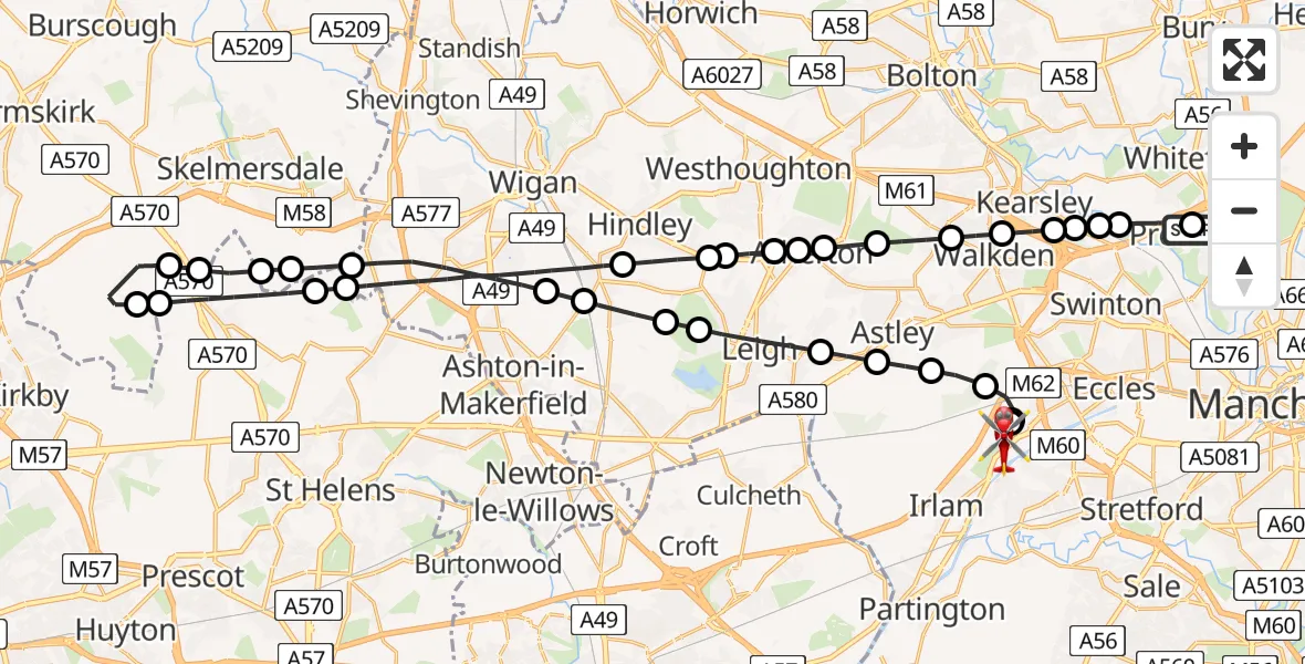 Flight route Air Ambulance Helicopter Prestwich - Manchester Barton Aerodrome, 17 May 2026, 09:27