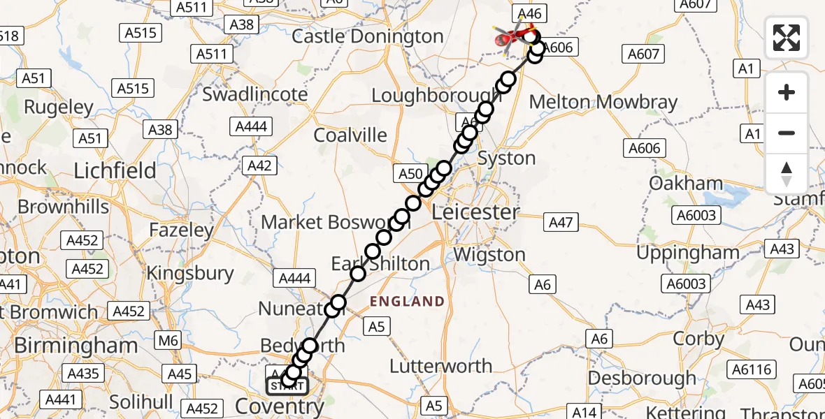 Flight route Air Ambulance Helicopter Daimler Green - Widmerpool, 17 May 2026, 09:28