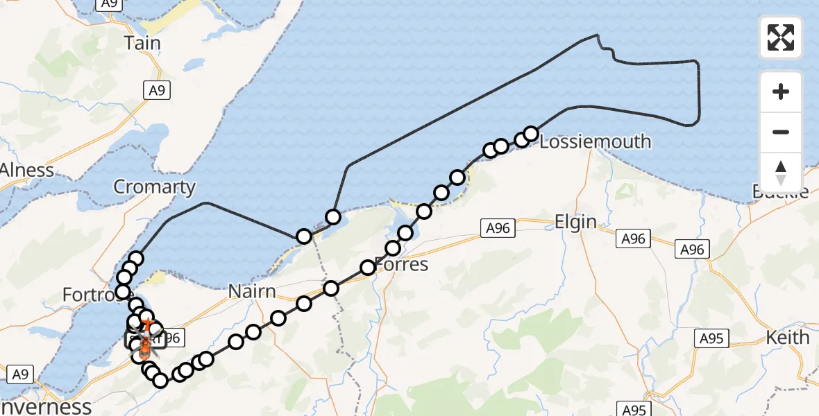 Flight route Coastguard Helicopter Inverness Airport - Inverness Airport, 17 May 2026, 09:32