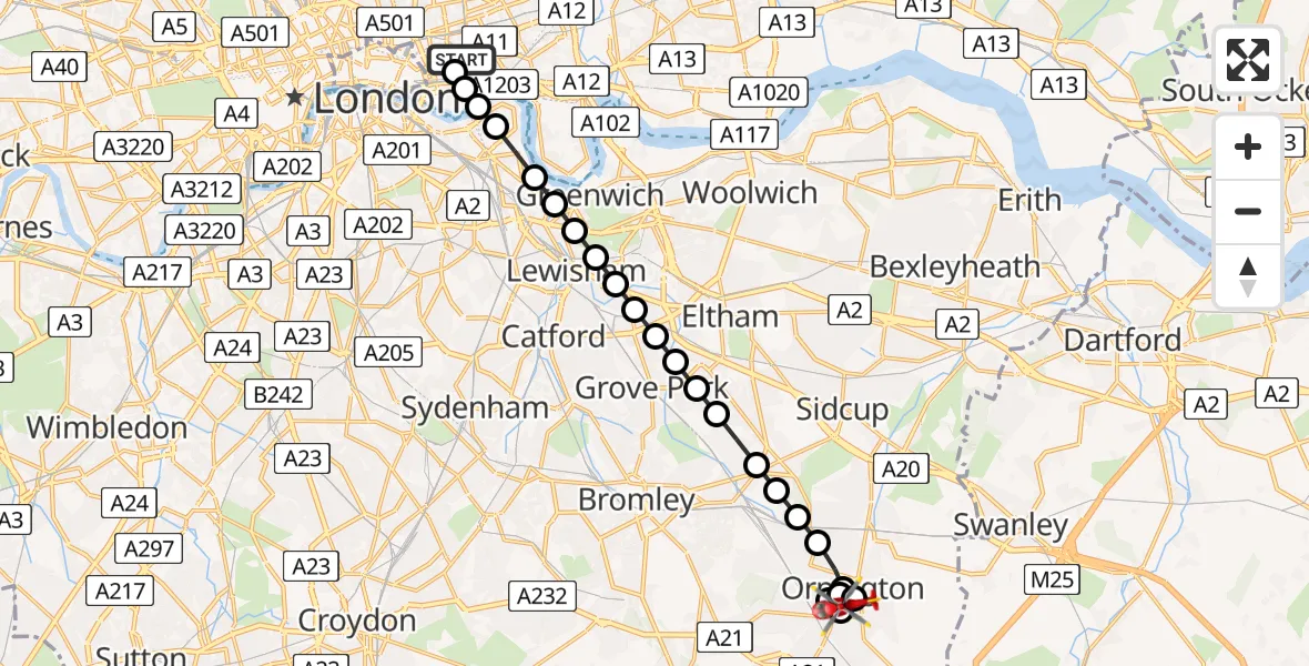 Flight route Air Ambulance Helicopter Royal London Hospital - Goddington, 17 May 2026, 09:53
