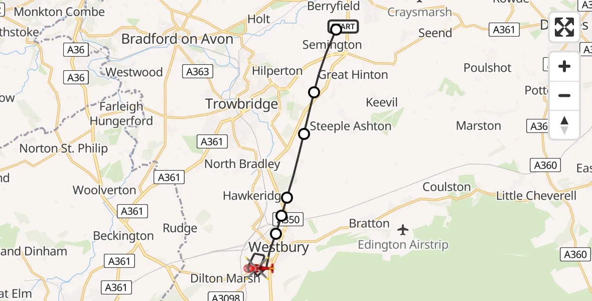 Flight route Air Ambulance Helicopter Wiltshire Air Ambulance - Westbury, 17 May 2026, 09:58