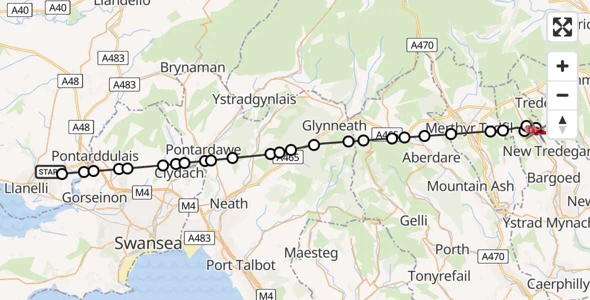 Flight route Air Ambulance Helicopter Dafen - Tredegar, 17 May 2026, 10:01